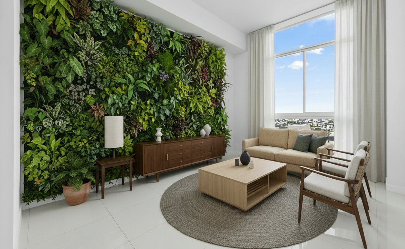 The staged room with a nature feature wall added