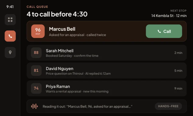 The Ociate call queue on a CarPlay screen